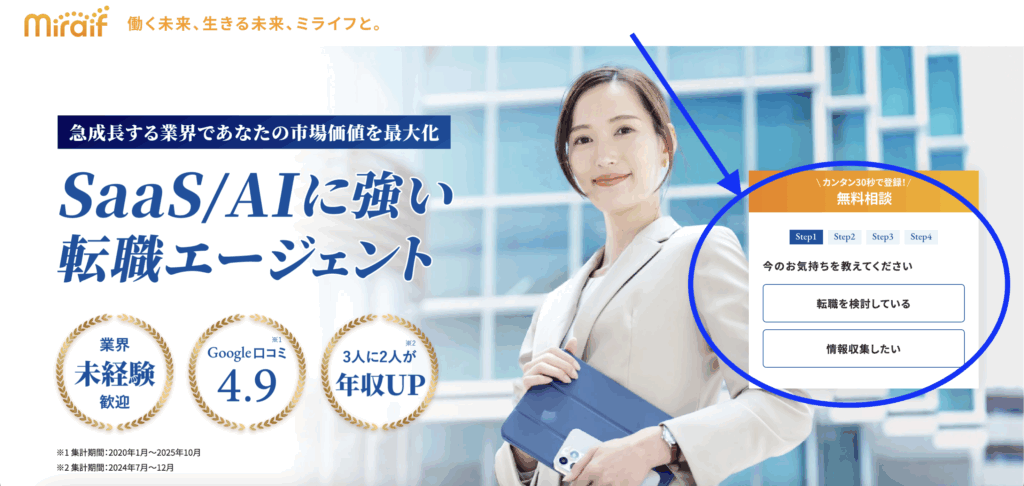 ミライフ公式サイト内にある登録フォーム